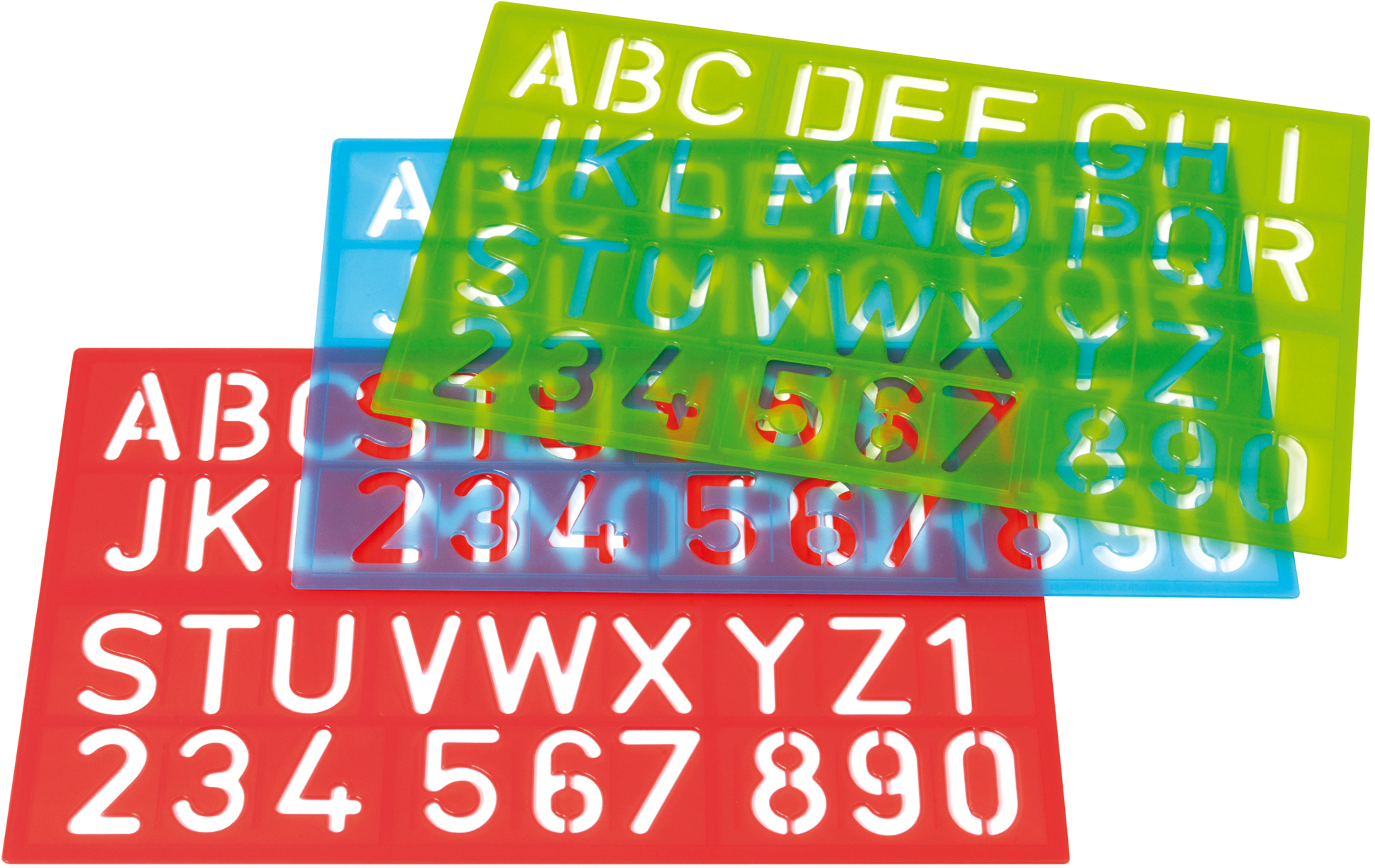 WESTCOTT-E-10600-00-4027521515284 WESTCOTT Zeichenschablone 50cm E-10600 00 A-Z, 0-9 blau/rot/grün – Hochwertig & günstig bei ShopDeca
