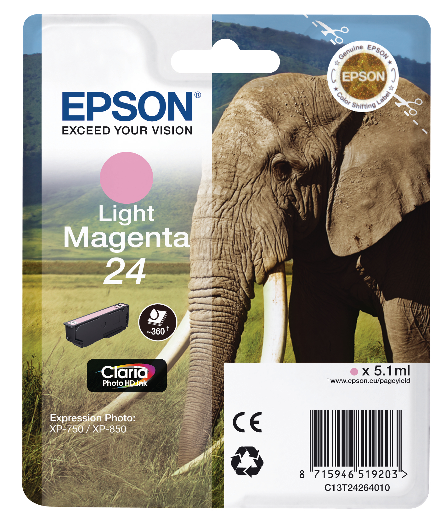 EPSON-T242640-8715946625409 EPSON Tintenpatrone 24 light magenta T242640 XP 750/850 360 Seiten – Bild 1