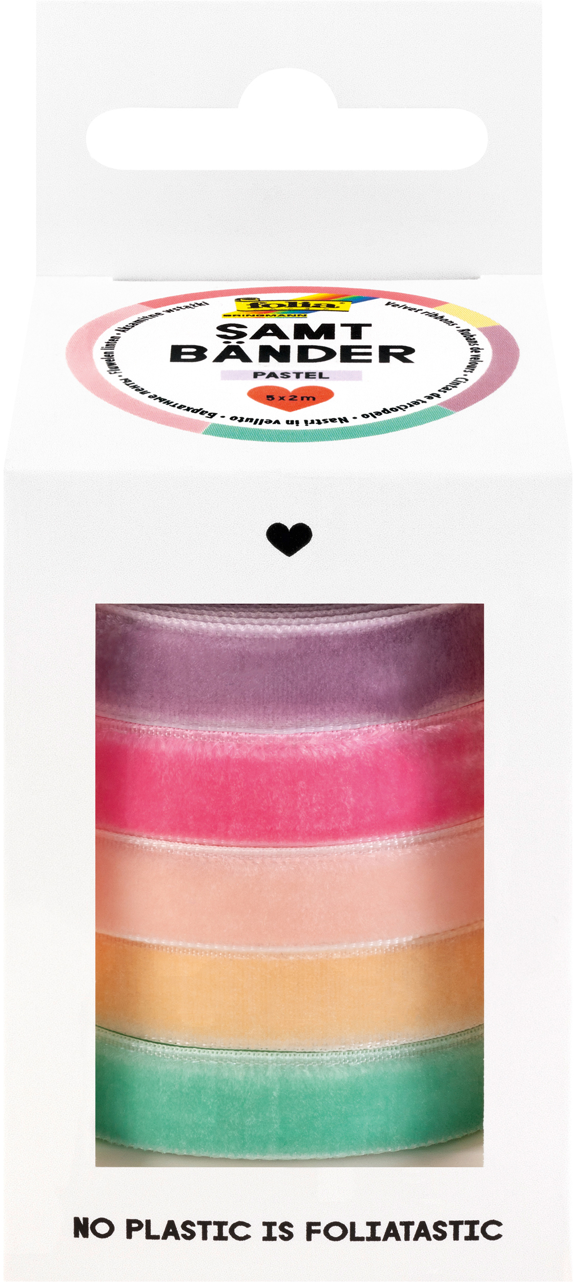 FOLIA-12141-4001868140347 FOLIA Samtbänder 10mmx2m 12141 Pastell, assortiert 5 Stück – Bild 1