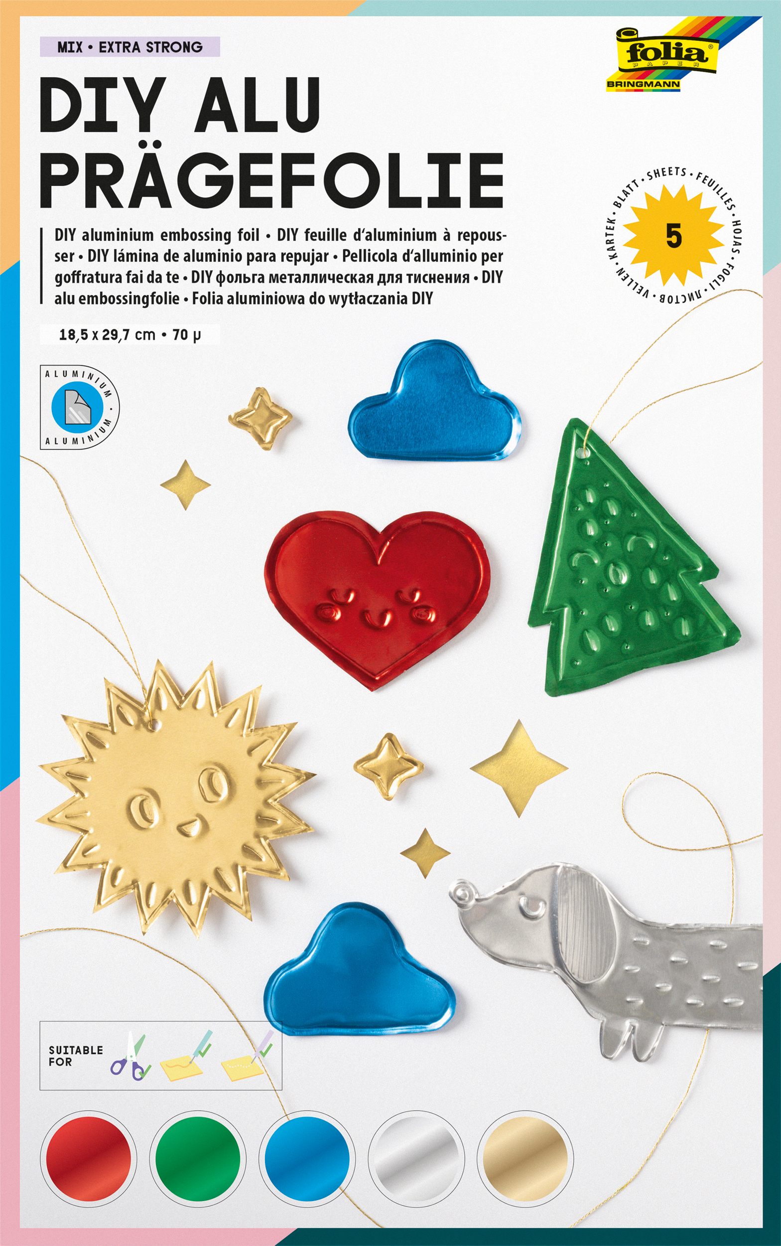 FOLIA-505-4001868005059 FOLIA DIY Alu Prägefolie 18x29.7cm 505 ass. extra strong 5 Blatt – Bild 1