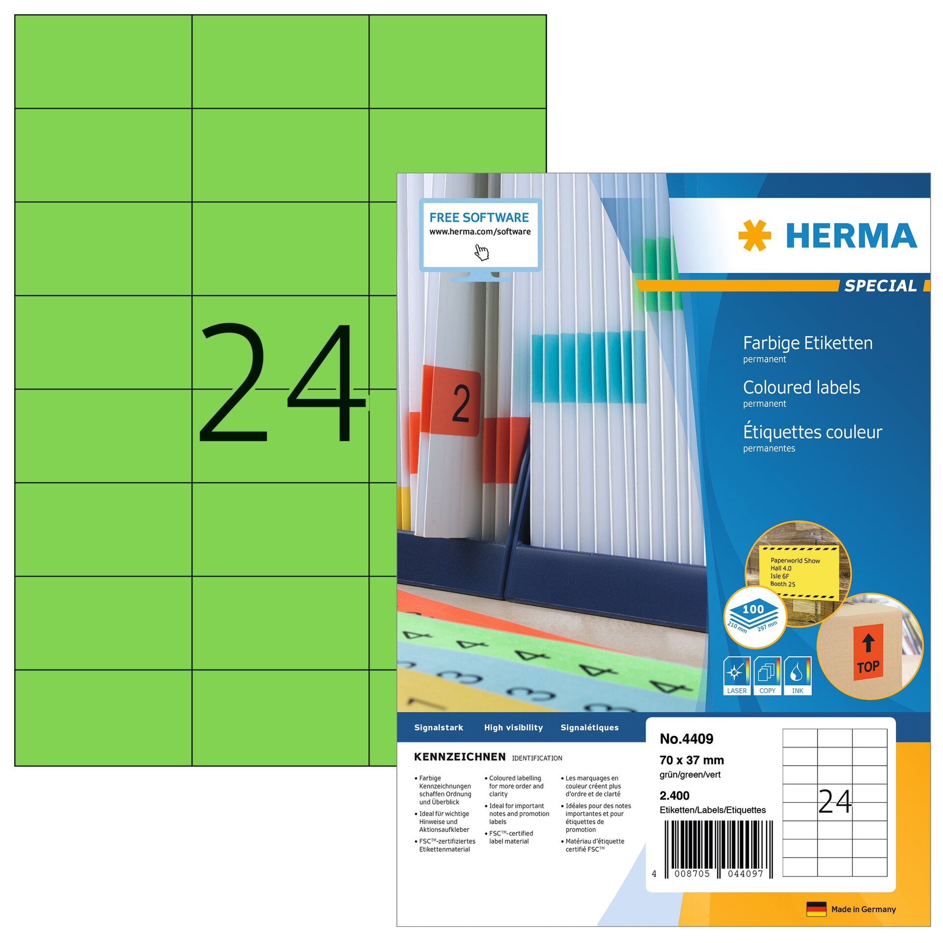 HERMA-4409-4008705044097 HERMA Etiketten SPECIAL 70x37mm 4409 grün,perm. 2400 St./100 Bl. – Bild 1