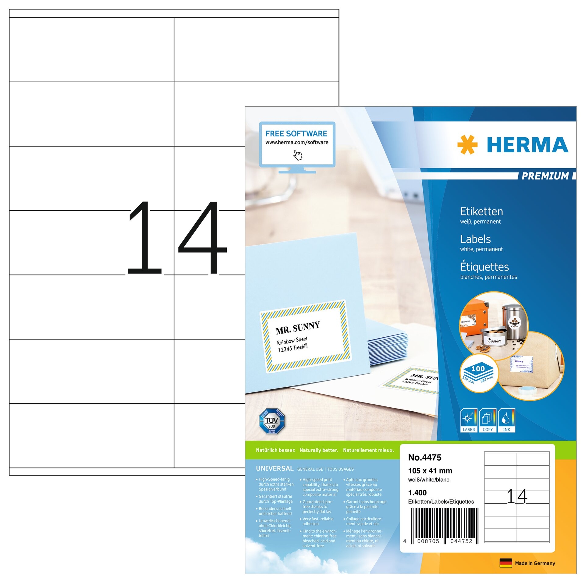 HERMA-4475-4008705044752 HERMA Etiketten PREMIUM 105x41mm 4475 weiss,perm. 1400 St./100 Bl. – Bild 1