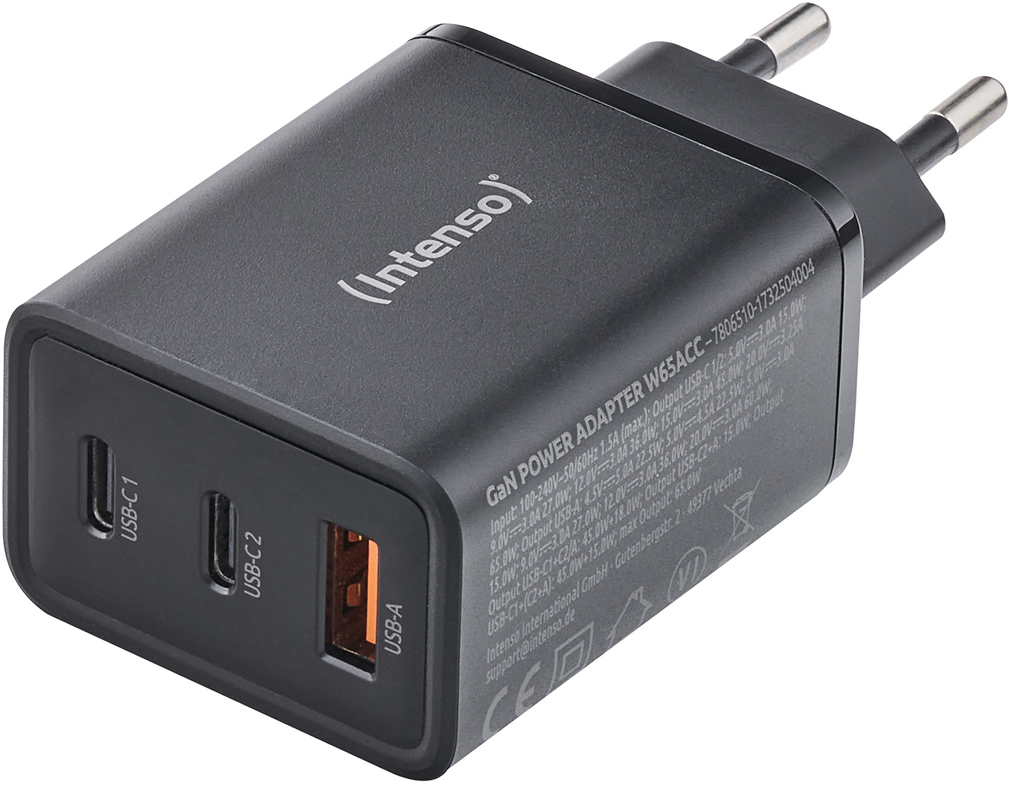 INTENSO-7806510-4034303035946 INTENSO Power Charger 65W GaN black 7806510 65W, 2 x USB-C 1 x USB-A – Bild 1
