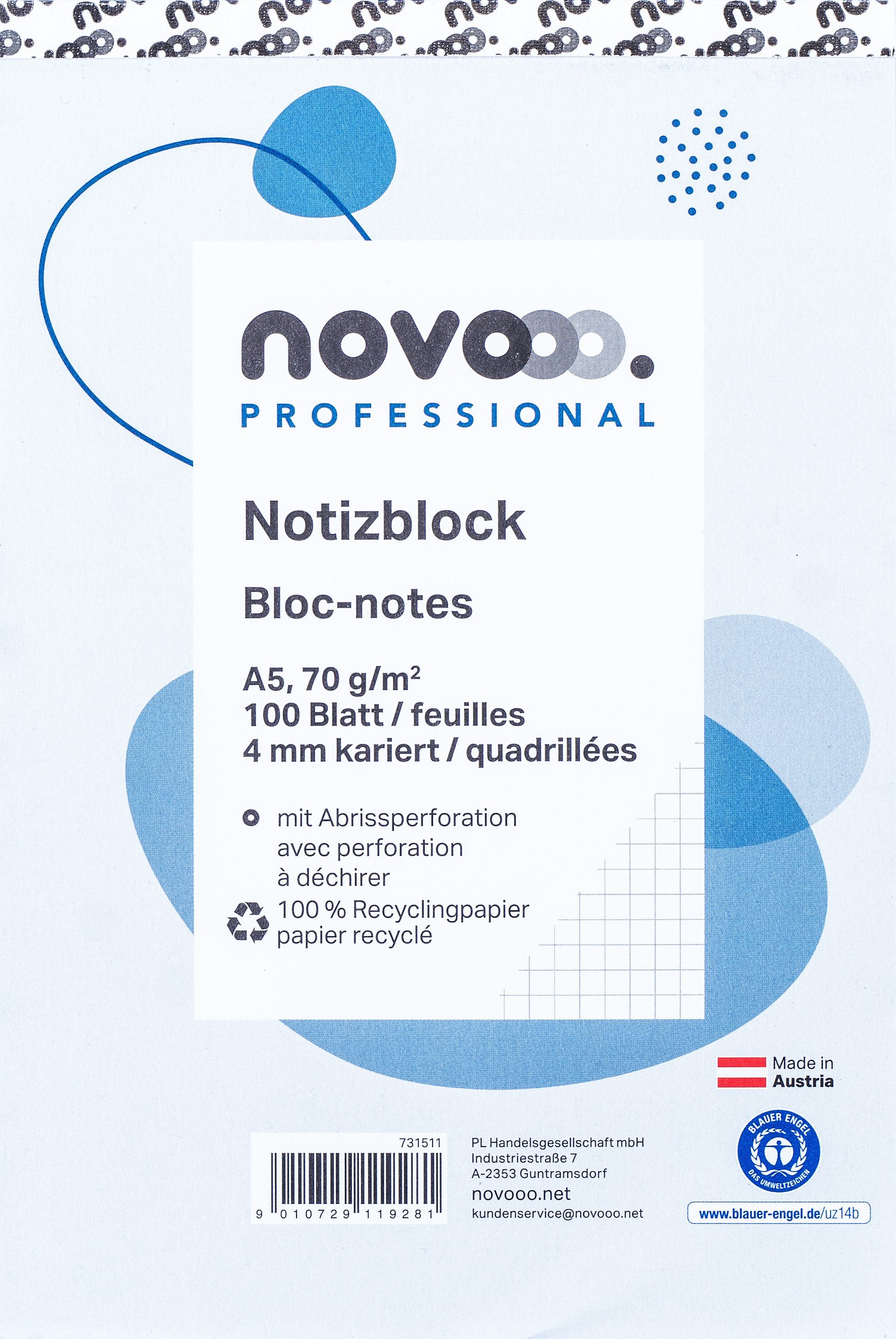 NOVOOO-731511-9010729119281 NOVOOO Notizblock recycling A5 731511 kariert 4mm, 70g 2x100 Blatt – Bild 1