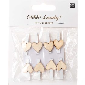 RICO DESIGN Dekoklammern Herz 7040.26.39 weiss-natur, 8 Stück, 3cm